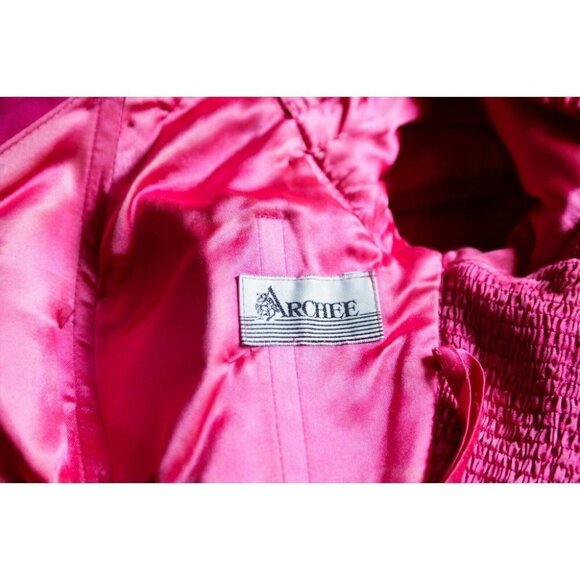 Vintage Pink  Gathered Ruched Bodice Off The Shoulder Chiffon Gown w rhinestones - Picture 11 of 12